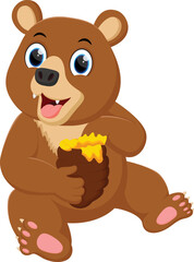 Cartoon funny bear sitting and eating sweet honey