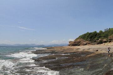 a Sedimentary rocks with a variety of marine abrasion landforms along its coast
