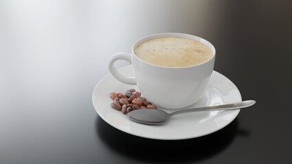 A cup of hot coffee with cream and beans. 