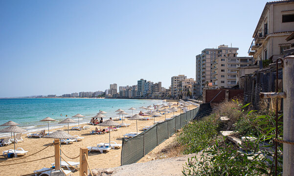 Varosha, Cyprus - August 23, 2022 - Abandoned hotels and buildings on the beach the ghost town resort of Varosha, Famagusta, Cyprus
