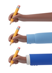 Side view at cartoon black african american character hand first draw write with yellow pencil isolated over white background.