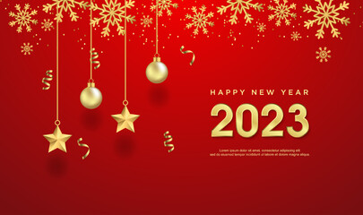 Fototapeta na wymiar Happy new year 2023 with ball and star decoration background