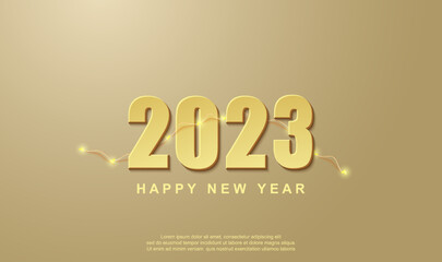 Happy new year 2023. Festive design with lamp on gold background
