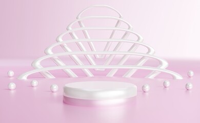 Glossy white podium with tiny spherical objects. Luxury stand to show products. Stage showcase with beautiful girly scene platform for presentation. Pedestal display. 3D rendering.