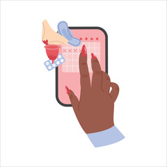 Menstruation calendar in the phone. Filling in the days of the cycle. The health of the female body during the period. Ovulation check. Cartoon illustration hand-drawn on a white isolated background.