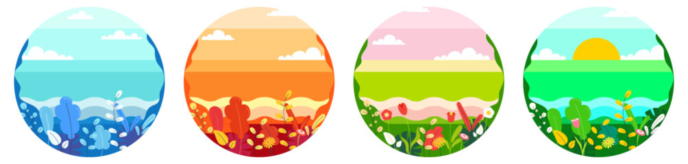 Seasonal landscapes four seasons Summer, autumn, winter, spring. Nature and landscape with plants, flowers, river and fields, clouds and sun.