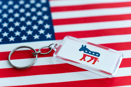 keychain with an image Democrat donkey and american flag. In the USA politics the donkey is the symbol of the democrats, the party that represents liberal and progressive views