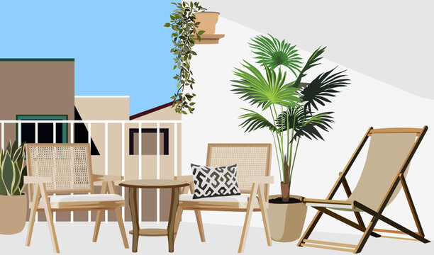 Rattan Garden Furniture On The Balcony, Terrace Or Roof With Pots Of House Plants. Modern Cozy Eco-style Home Interior With Greenery, Tables And Chairs. Colorful Flat Realistic Vector Illustration.