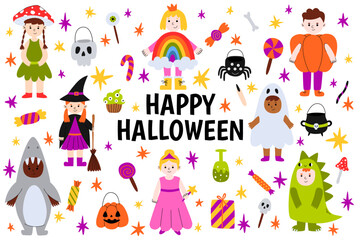 Fototapeta na wymiar Happy Halloween. Set of cute cartoon children in colorful halloween costumes: ghost, witch, dinosaur, pumpkin, princess, mushroom, shark and rainbow. Trick or treat elements.