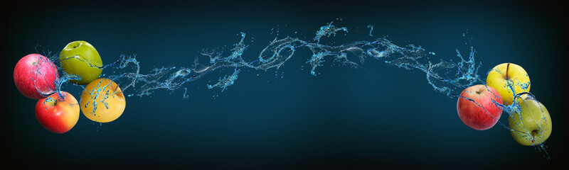 Wallpaper with fruits in water for designers - an apple is filled with healthy vitamins