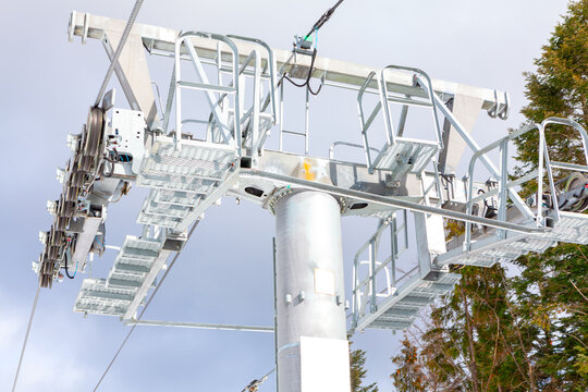 Mechanism Of The Ski Lift . Funicular wheel cablecar . Ski lift tower platform 
