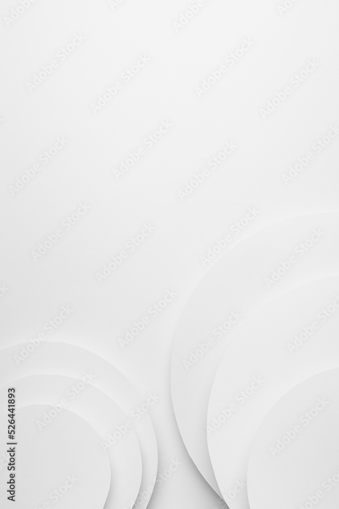 Poster white abstract geometric background with fly soft light white circles, semicircle stepped surfaces a