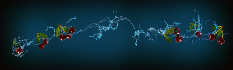 Wallpaper with fruits in water for designers - cherry delicious fruit for diet