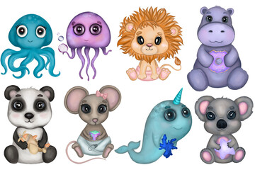 Baby animals aquarelle set. Hand drawn collection of cute baby octopus, jellyfish, lion, hippo, panda, mouse, narwhal, koala. Isolated on a white background.Design for kids preschool, cards, posters