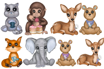 Baby animals watercolor set. Hand drawn collection of baby cat, monkey, deer, bear, fox, elephant animals with toys. Isolated on a white background.Design for kids preschool, cards, posters, frame art