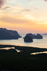 Morning sunrise light on mountain sea bay nature landscape