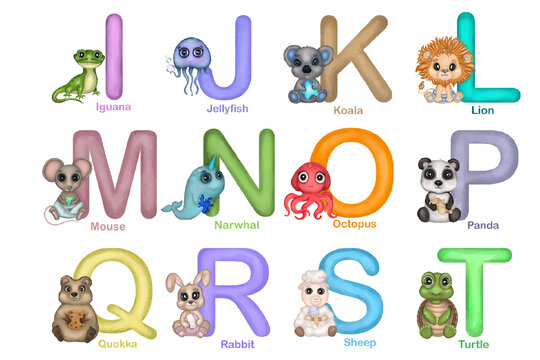 Baby Animals and alphabet letters. Hand drawn watercolor exotic, sea and farm animals collection. Isolated on a white background. Design for children education poster, cards, frame art.