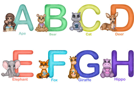 Baby Animals and alphabet letters. Hand drawn watercolor monkey, bear, giraffe, fox, hippo, cat, elephant, deer. Isolated on a white background. Design for children education poster, cards, frame art.
