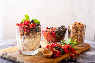 Cooked granola with yogurt and fresh berries. Breakfast with granola and currants.