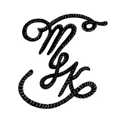 A handwritten monogram of the letters T and K, a liner drawing.