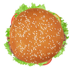 Burger top view isolated - obrazy, fototapety, plakaty