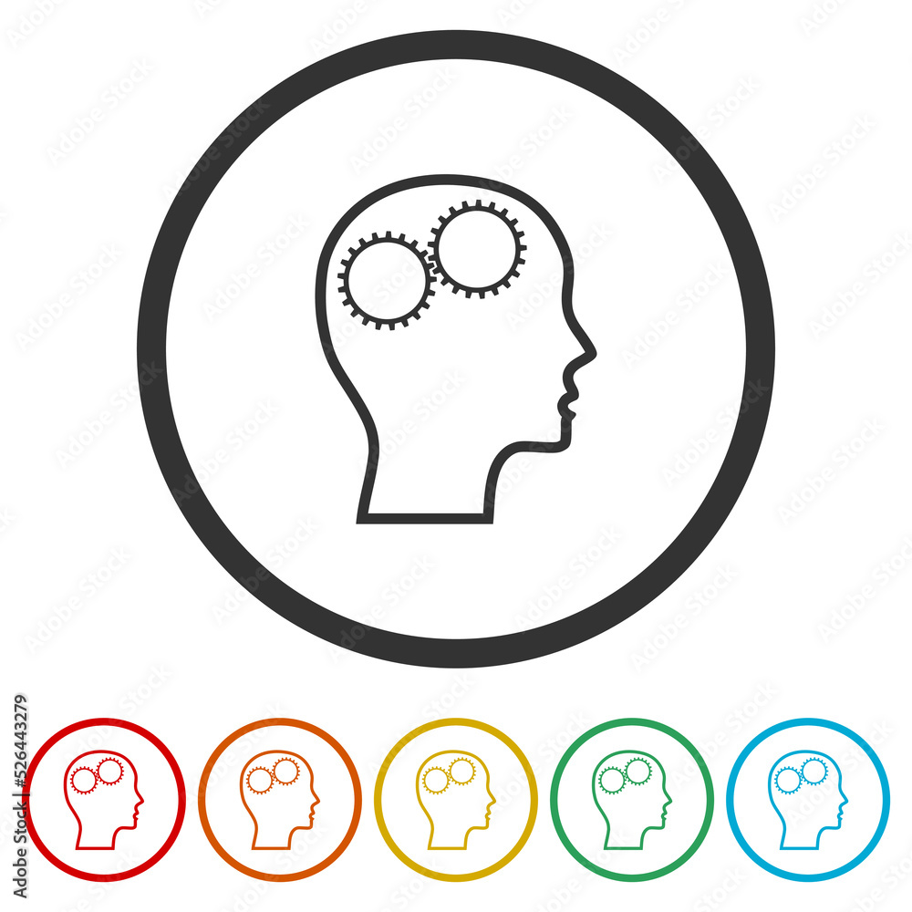 Poster gears in head icon. set icons in color circle buttons