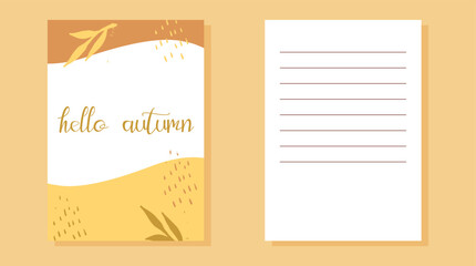 a postcard with an autumn abstract background with twigs and the inscription hello autumn