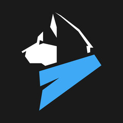 Husky dog wearing blue bandana in profile portrait symbol on black backdrop. Design element © Denis