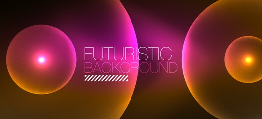 Shiny neon geometric abstract background. Glowing lights on round shapes, triangles and circles. Wallpaper for concept of AI technology, blockchain, communication, 5G, science, business
