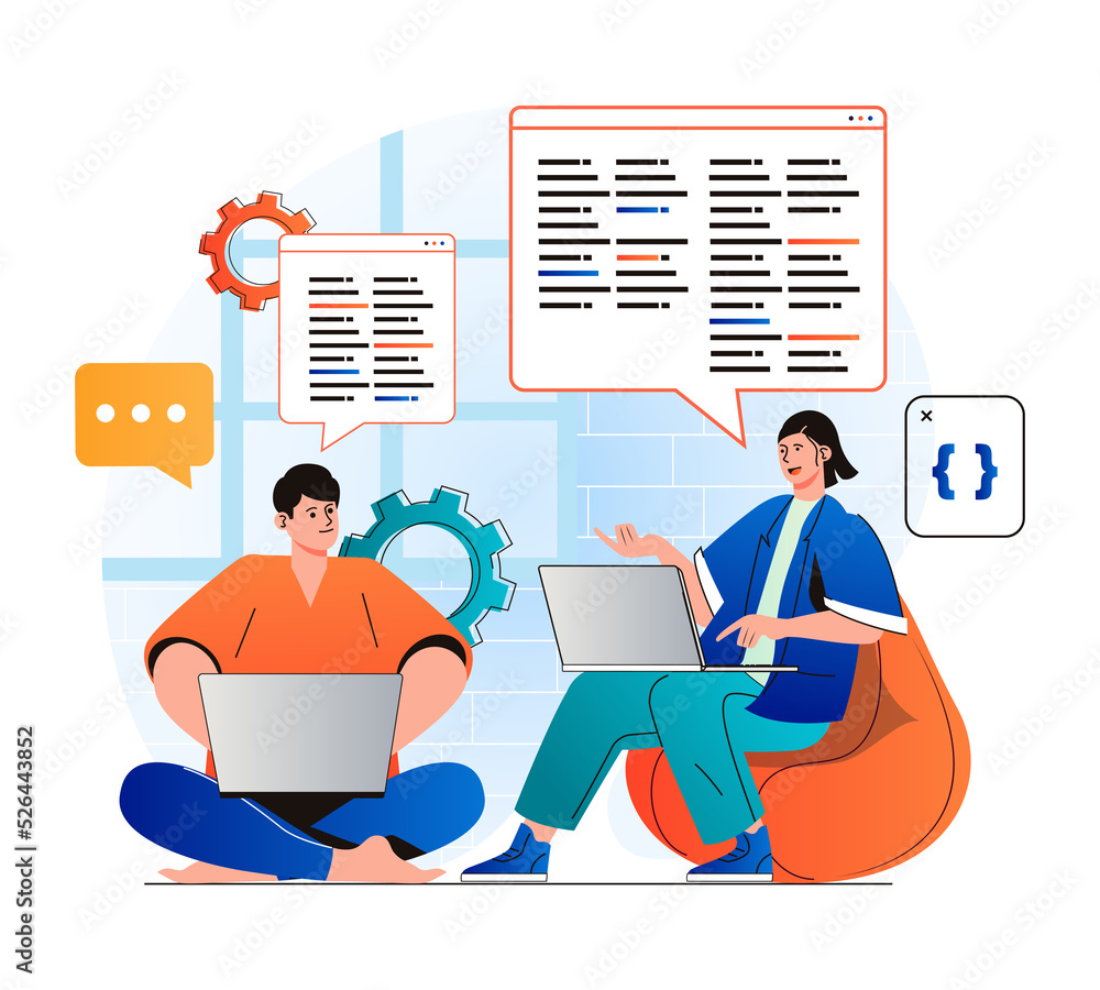 Poster Programming working concept in modern flat design. Developer team creates software, brainstorming and working together at office. Development, optimization and testing apps. Web illustration