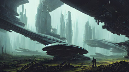 Artistic painting concept of spaceship in futuristic landscape, digital art style, illustration background painting. Creative Design, Tender and dreamy design.