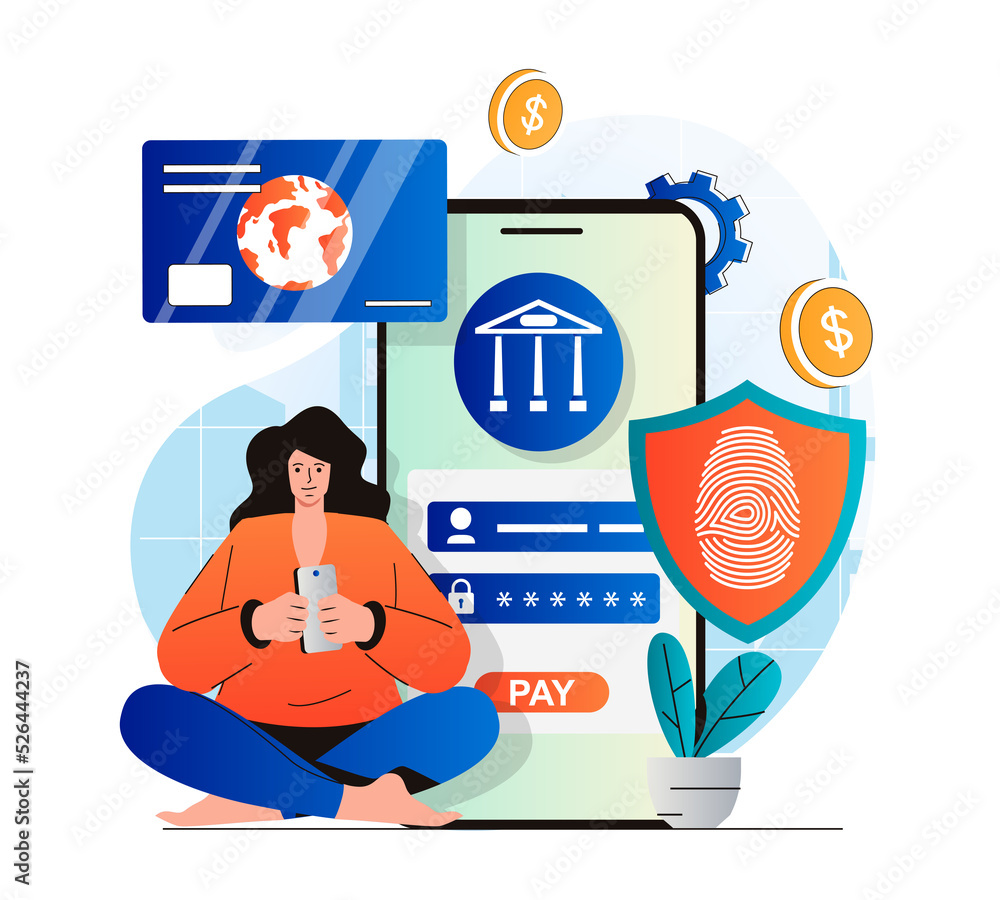Poster secure payment concept in modern flat design. woman paying online and conducts financial transaction