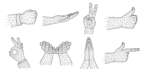 Vector set of hands showing gestures in polygonal style. Hand gestures Ok, thumbs up, peace, pray, fist, giving and finger gun. Hands in an abstract style made of lines and dots.