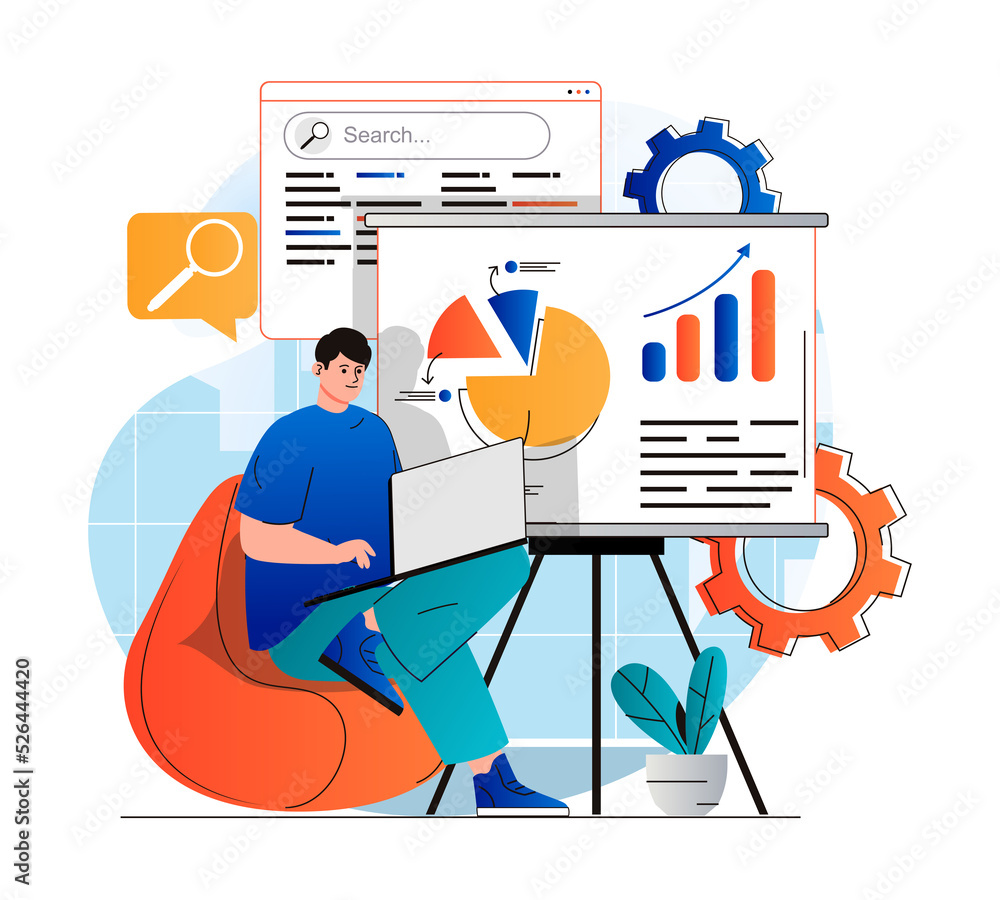 Wall mural seo analysis concept in modern flat design. man analyzes search results, works with data and making 