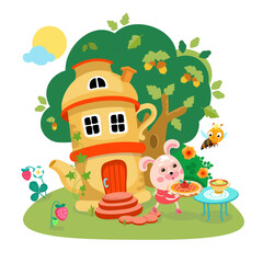 Fairy tale ceramic teapot house in the woods against a background of trees. Cute bunny with a berry pie. Building, cartoon style characters. Vector illustration.