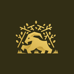 Oak Tree with Goat Animal Illustration Symbol Logo Vector, Golden Color Farm Animal Illustration Logo	