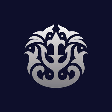 Trident Ornate Luxury Abstract Creative Logo, Trident Poseidon Logo. Simple and Luxurious Company Logo Design. Trident spear logo design Silver luxury king Poseidon icon symbol