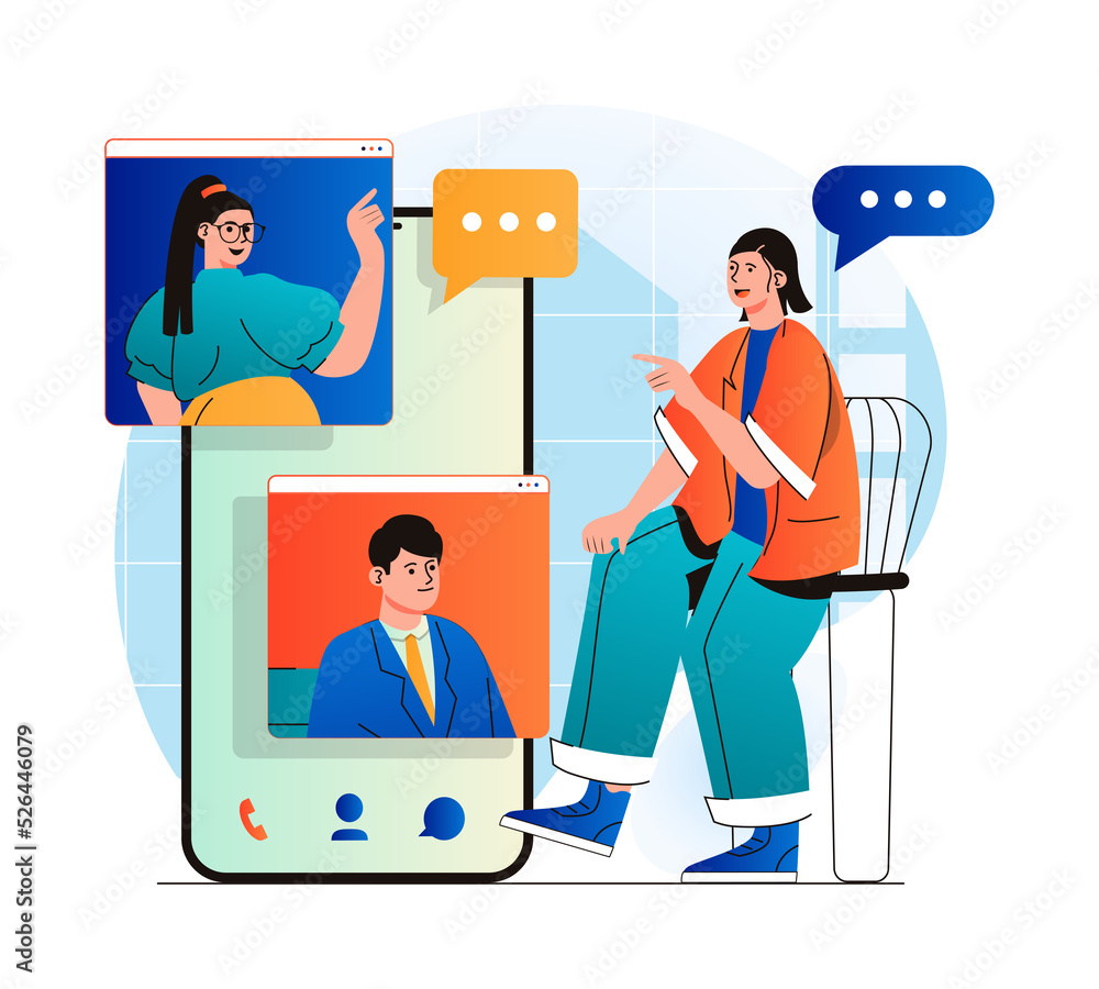 Aufkleber Video chatting concept in modern flat design. Friends communicate by group video call at different screens. Online communication technology and virtual meeting at zoom programm. Web illustration