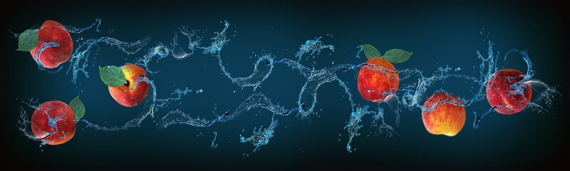 Wallpaper with fruits in water for designers - peach is filled with vitamins beneficial to health