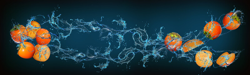 Wallpaper with fruits in water for designers - persimmon is filled with vitamins and nutrients for the diet