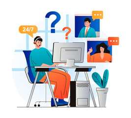 Virtual assistant concept in modern flat design. Man operator with headphones advises and helps clients around the clock using video calls at computer. Customer support service. Web illustration