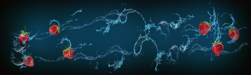 Wallpaper with fruits in water for designers - strawberries are a delicious fruit for a diet full of vitamins