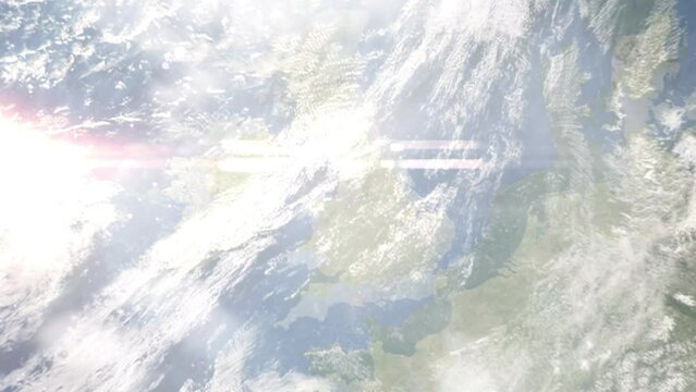 Earth zoom in from outer space to city. Zooming on Warrington, UK. The animation continues by zoom out through clouds and atmosphere into space. Images from NASA