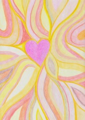 Lovely colors hand drawn pink heart in yellow and orange swirls background  - valentine's day postcard 