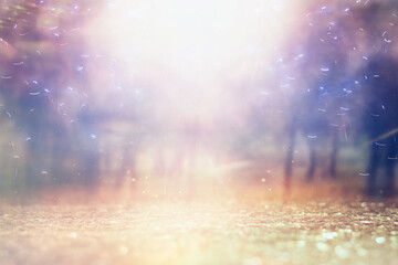 Obraz na płótnie Canvas blurred abstract photo of light burst among trees and glitter bokeh lights