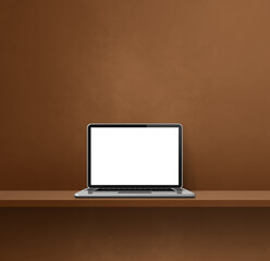 Laptop computer on brown shelf. Square background