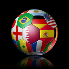 Football soccer ball with team national flags. 3D illustration isolated on black background