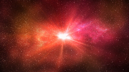 Burst of light in space. Night starry sky and bright red galaxy, horizontal background