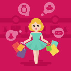 Woman with shopping bags in the city. Vector illustration