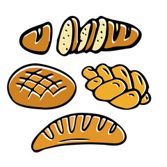 Bakery bread, buns, baguette and loaf . Cartoon illustration isolated on white background